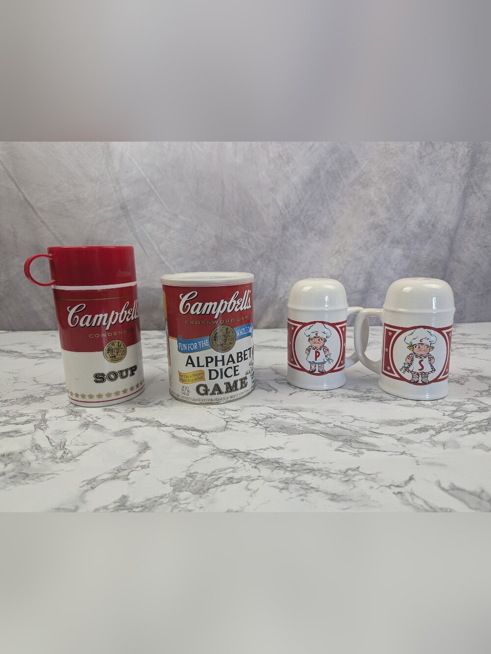 Lot Of 4 Vintage Campbell's Collectibles: Thermos, Salt & Pepper Shakers, Game